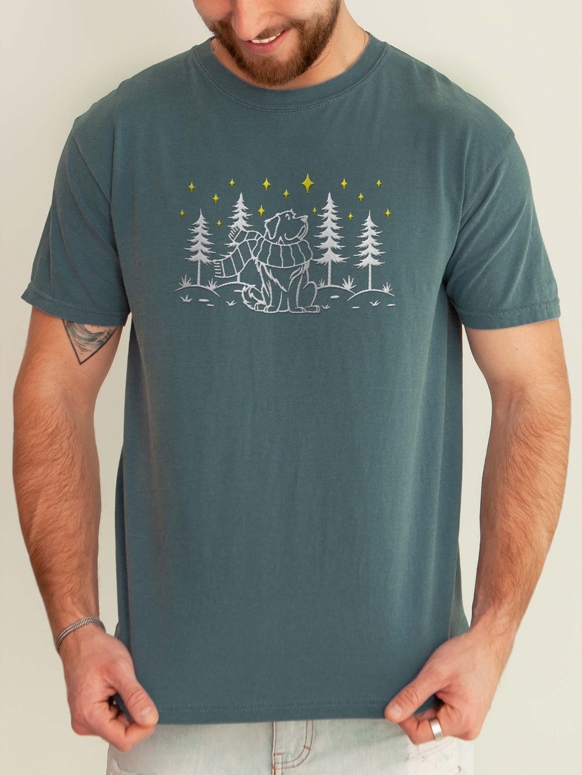 Newfoundland Winter/Christmas Line Art Design Embroidered T-Shirt product image (2)