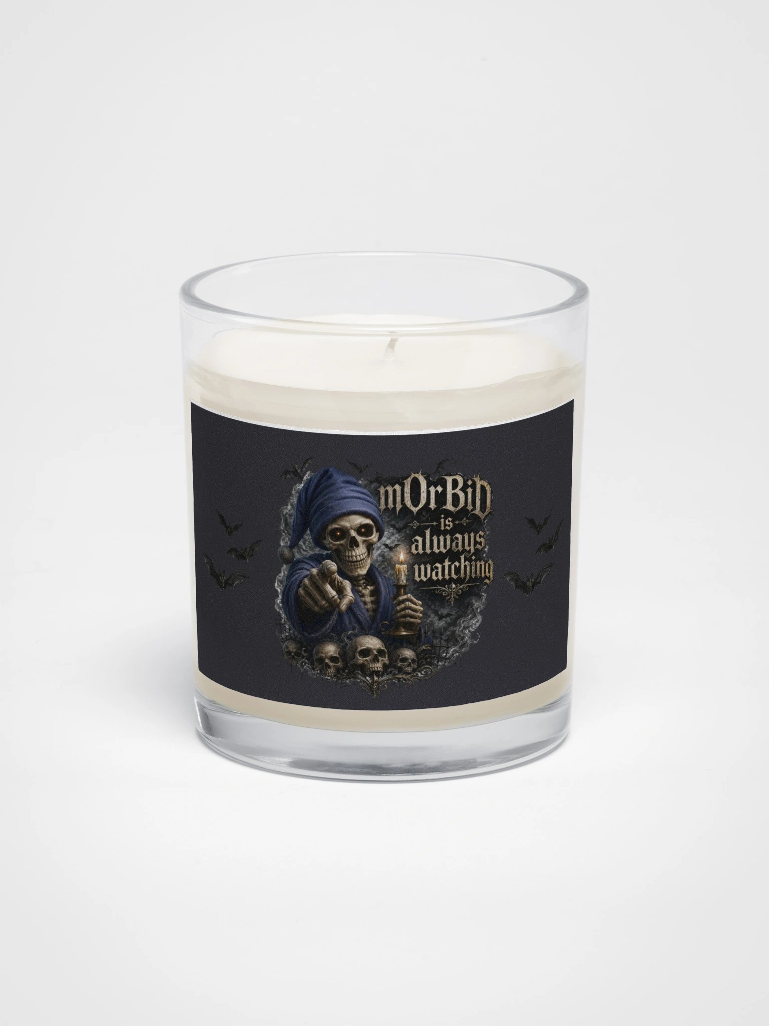 ''Morbid is Always Watching'' Soy Wax Candle In A Clear Glass Jar product image (1)