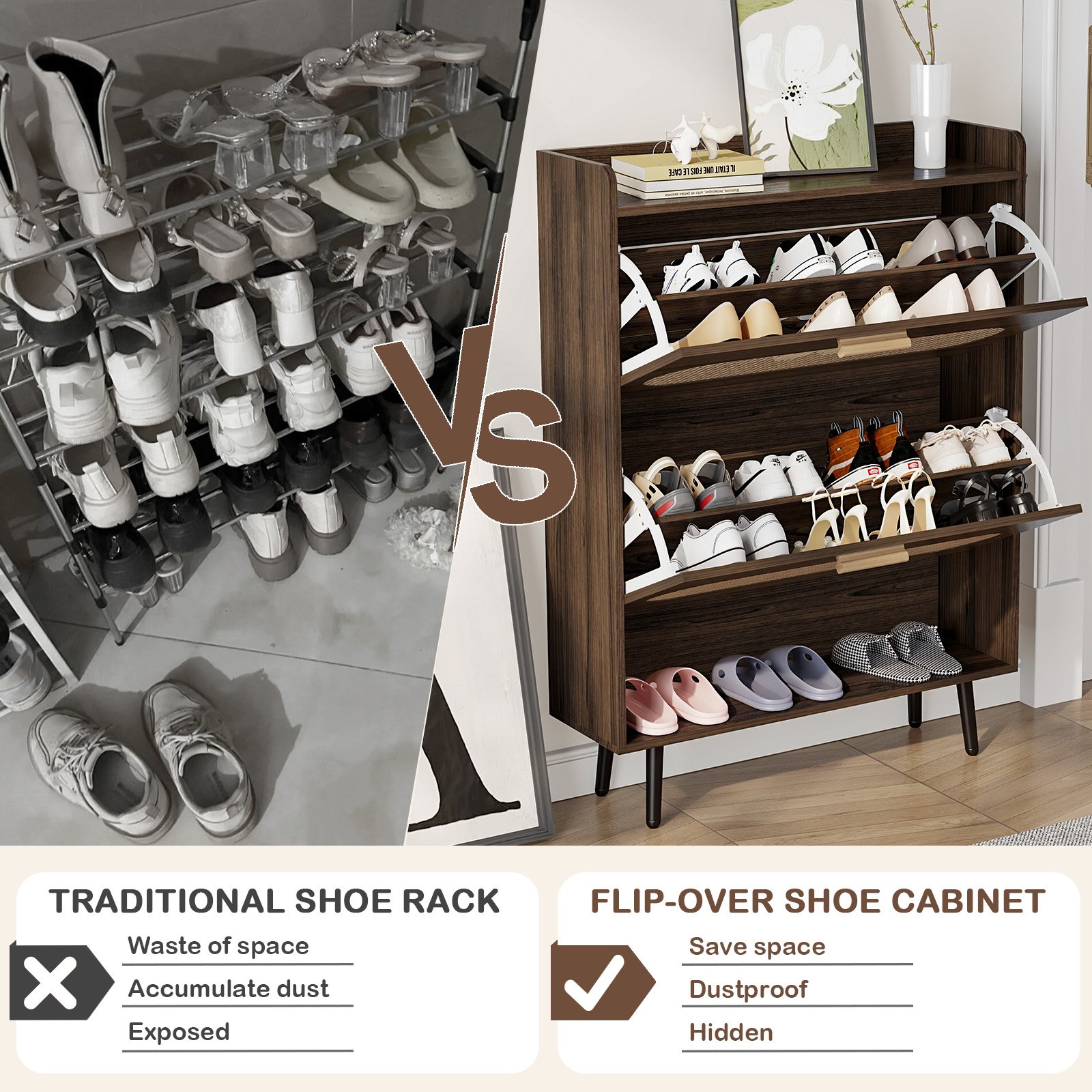 Shoe Cabinet with Natural Rattan Flip Drawers for Entryway Free Standing Slim Shoe Storage Organizer with 2 Flip Drawers Walnut product image (8)