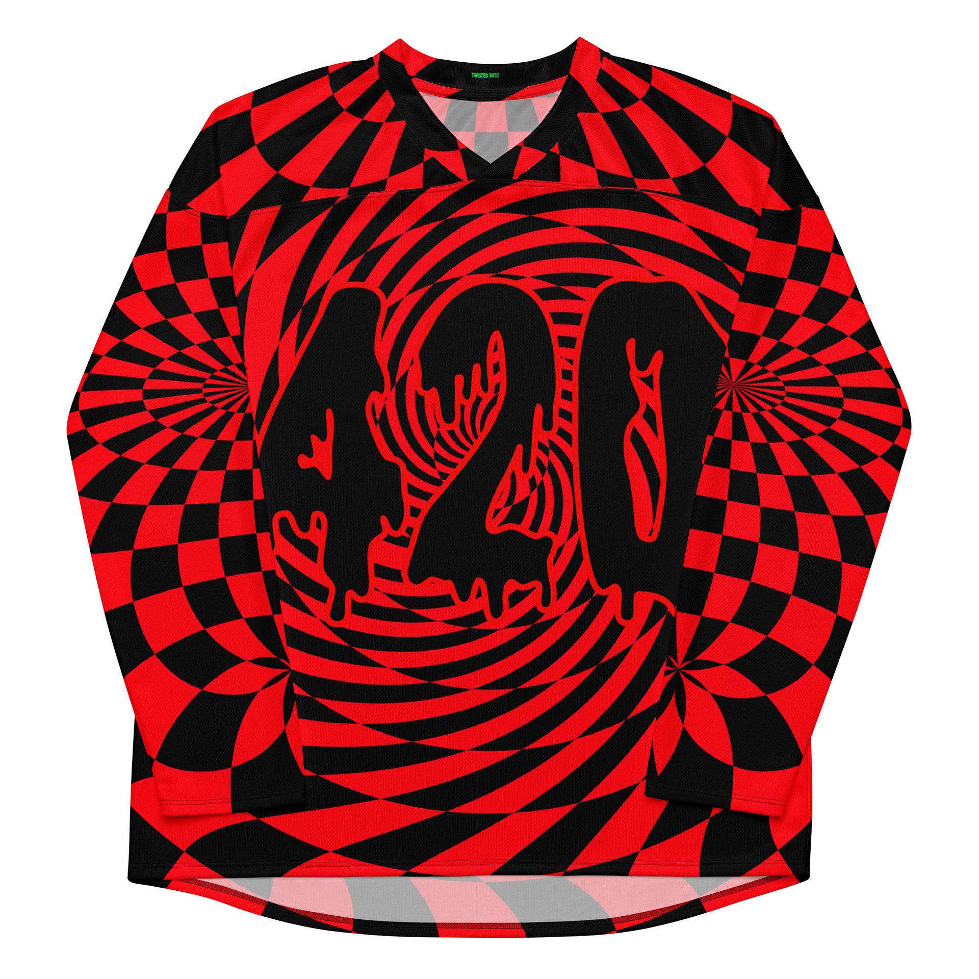 Red Black 420 Hockey Jersey, EDM Cannabis Clothes, Psychedelic Spirals Stoner Shirt, Weed Rave Retro Fashion, Trippy Checkers Festival Top product image (6)