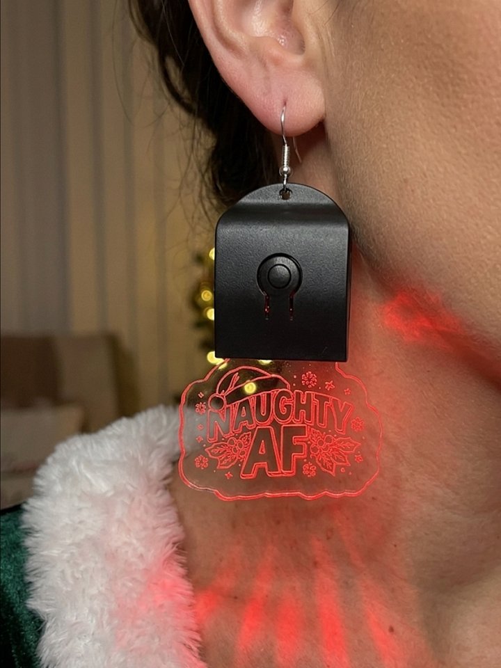 Naughty AF Christmas Earrings | Glowing Neon Acrylic Holiday Jewelry for Models & Parties | Festive Red LED Earrings product image (1)