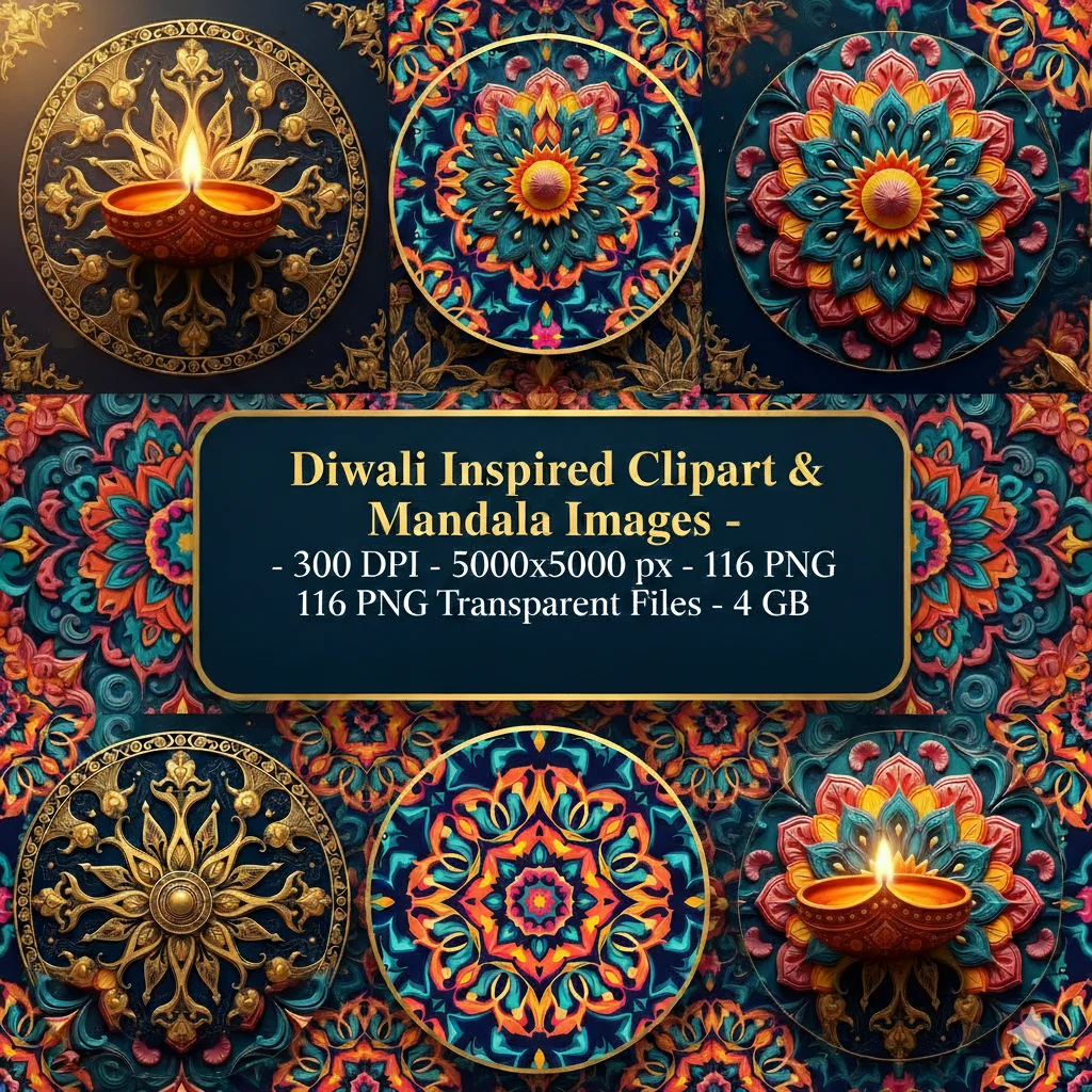116 Diwali Mandala Clipart Bundle | High Resolution PNG Rangoli, Lotus, Paisley and Diya Designs product image (1)