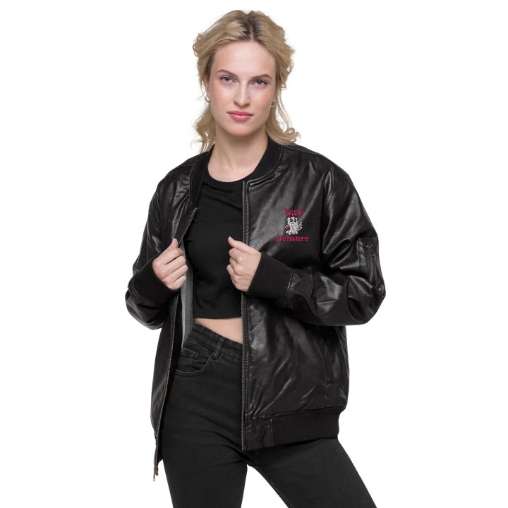 Very Demure Cute Ghost Embroidered Faux Leather Bomber Jacket product image (2)