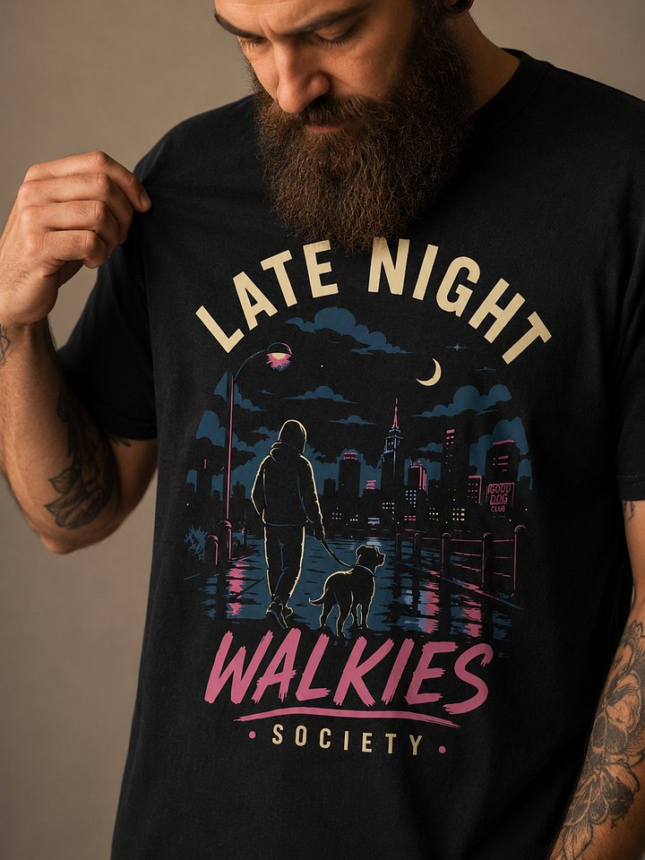 Late Night Walkies Society T-Shirt | Funny Dog Walking Shirt for Pet Lovers, Night Walk Dog Tee product image (2)