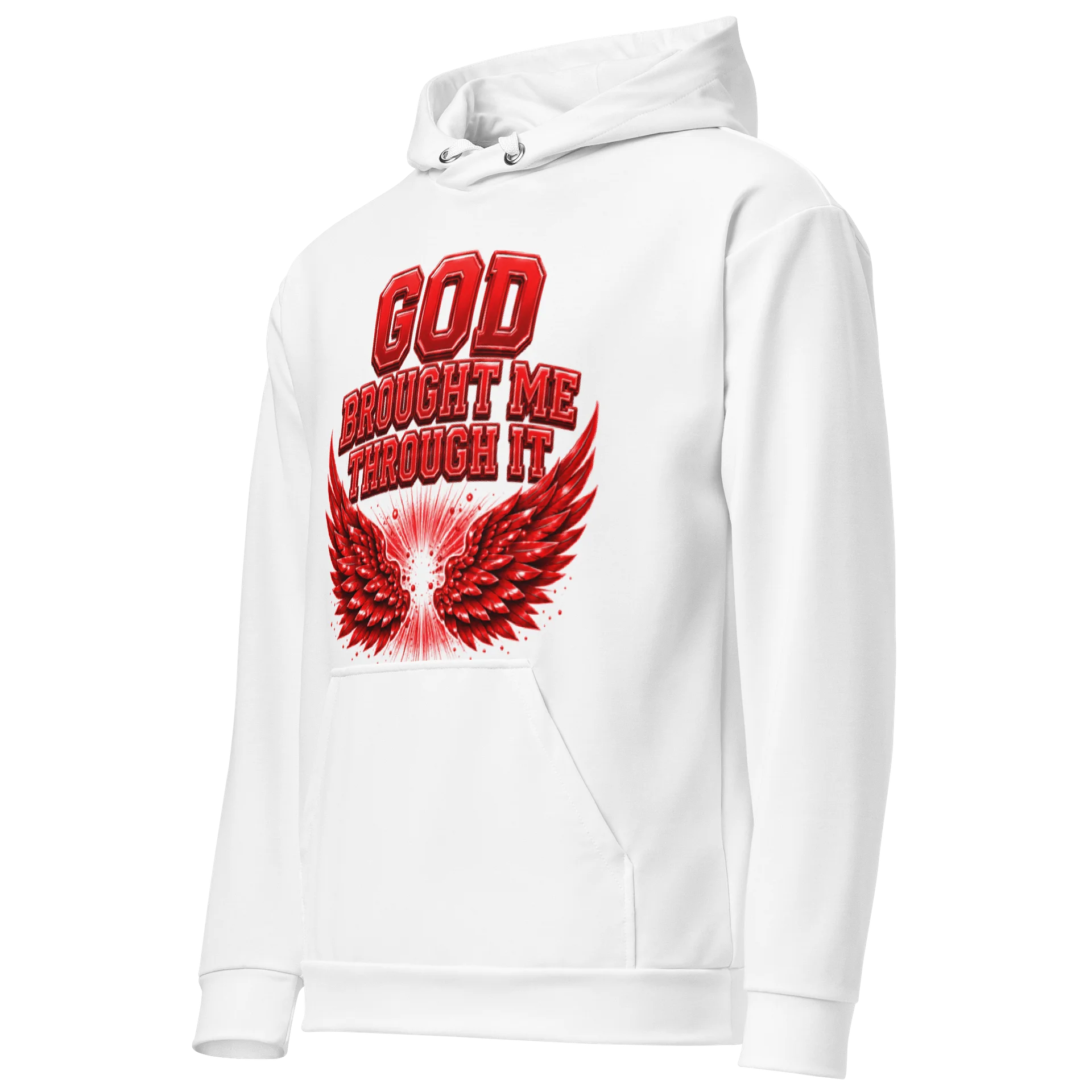 God Brought Me Through It White Hoodie – Red Wings Edition product image (3)