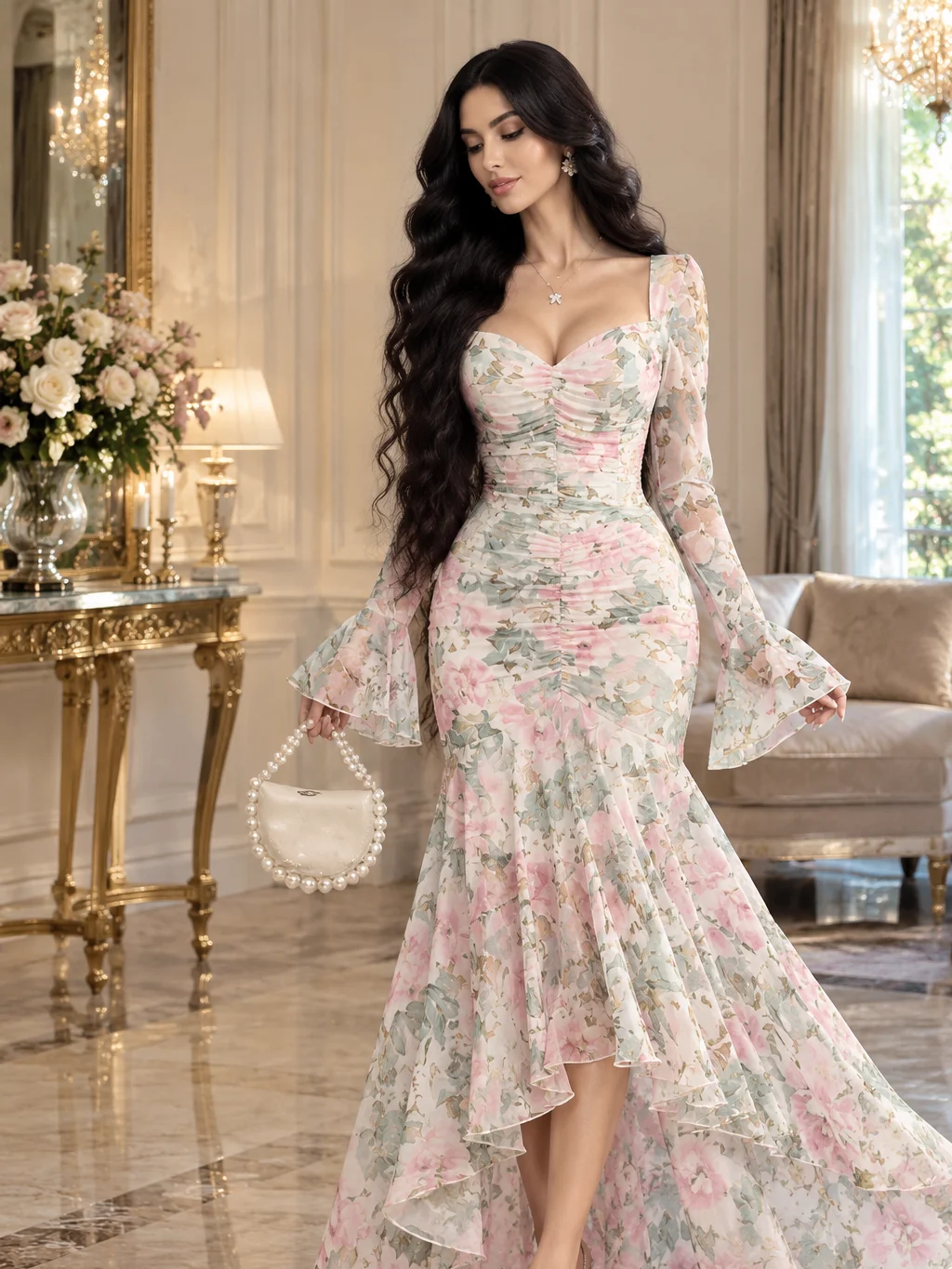 Women's Elegant French Romantic Sexy Double-Layer Petal Sleeve Waist Cinched Asymmetric Mesh Lace Hem Dress Vacation Spring product image (6)