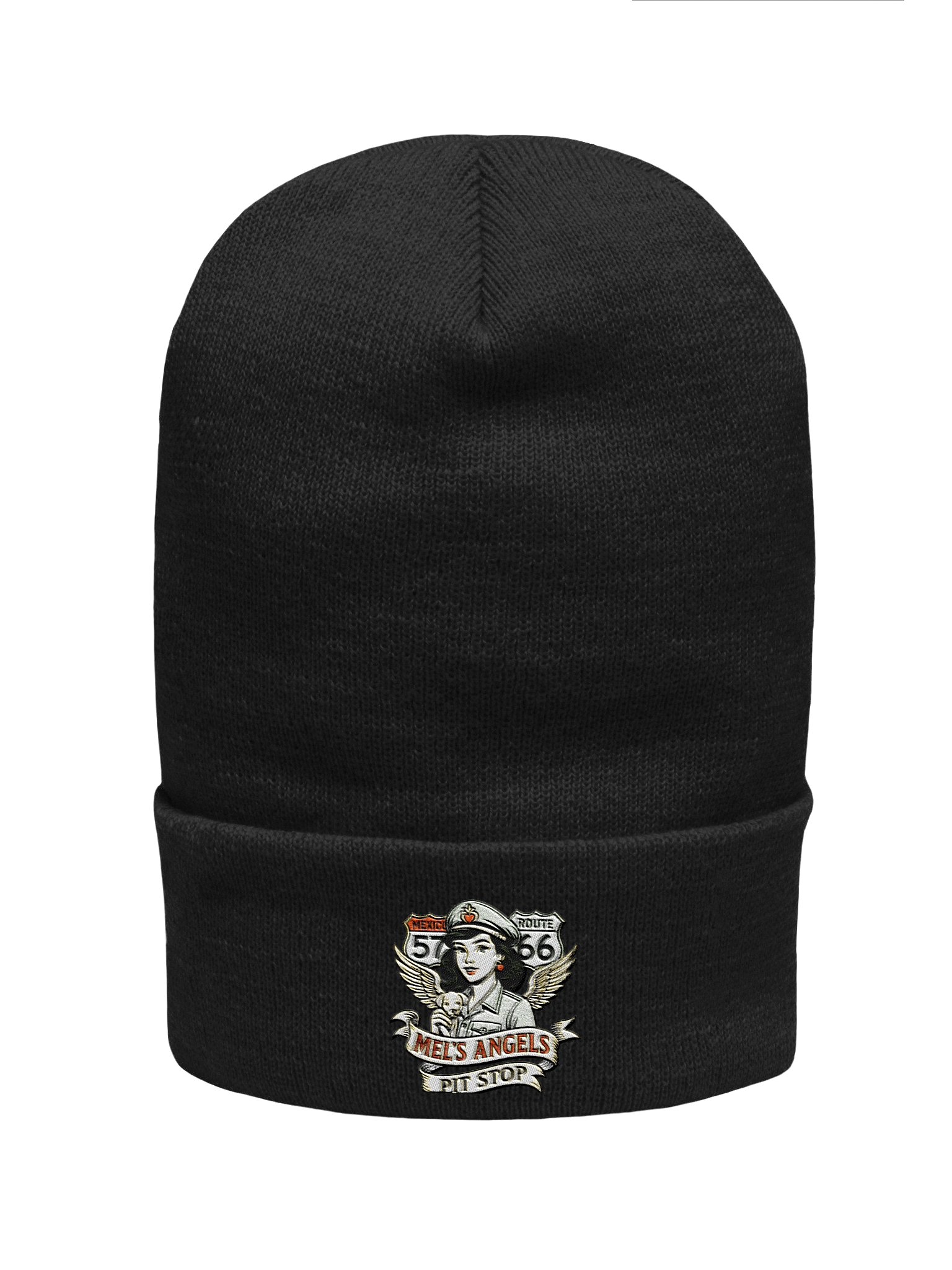 Mel’s Angels Embroidered Beanie – Vintage Biker Pin-Up Style Winter Hat product image (3)