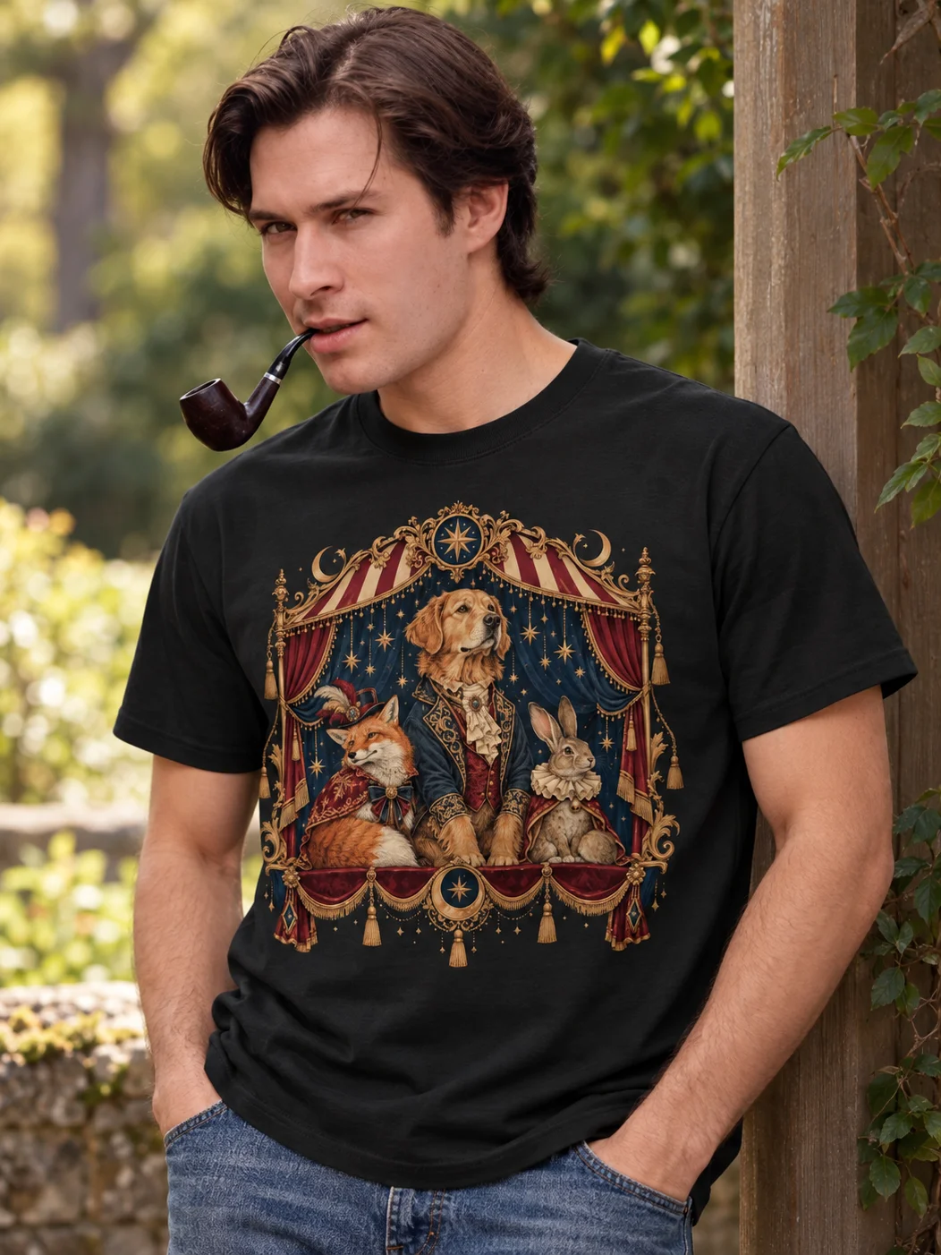 Vintage Animal Graphic T-Shirt | Dog Fox Rabbit Art Tee | Celestial Theater Shirt | Whimsical Animal Lover Tee product image (1)