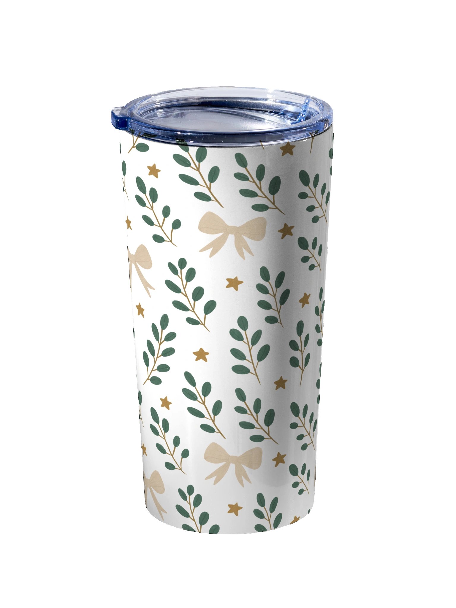 Stainless steel tumbler ribbons & stars botanical Christmas. Elegant holiday insulated drinkware product image (2)