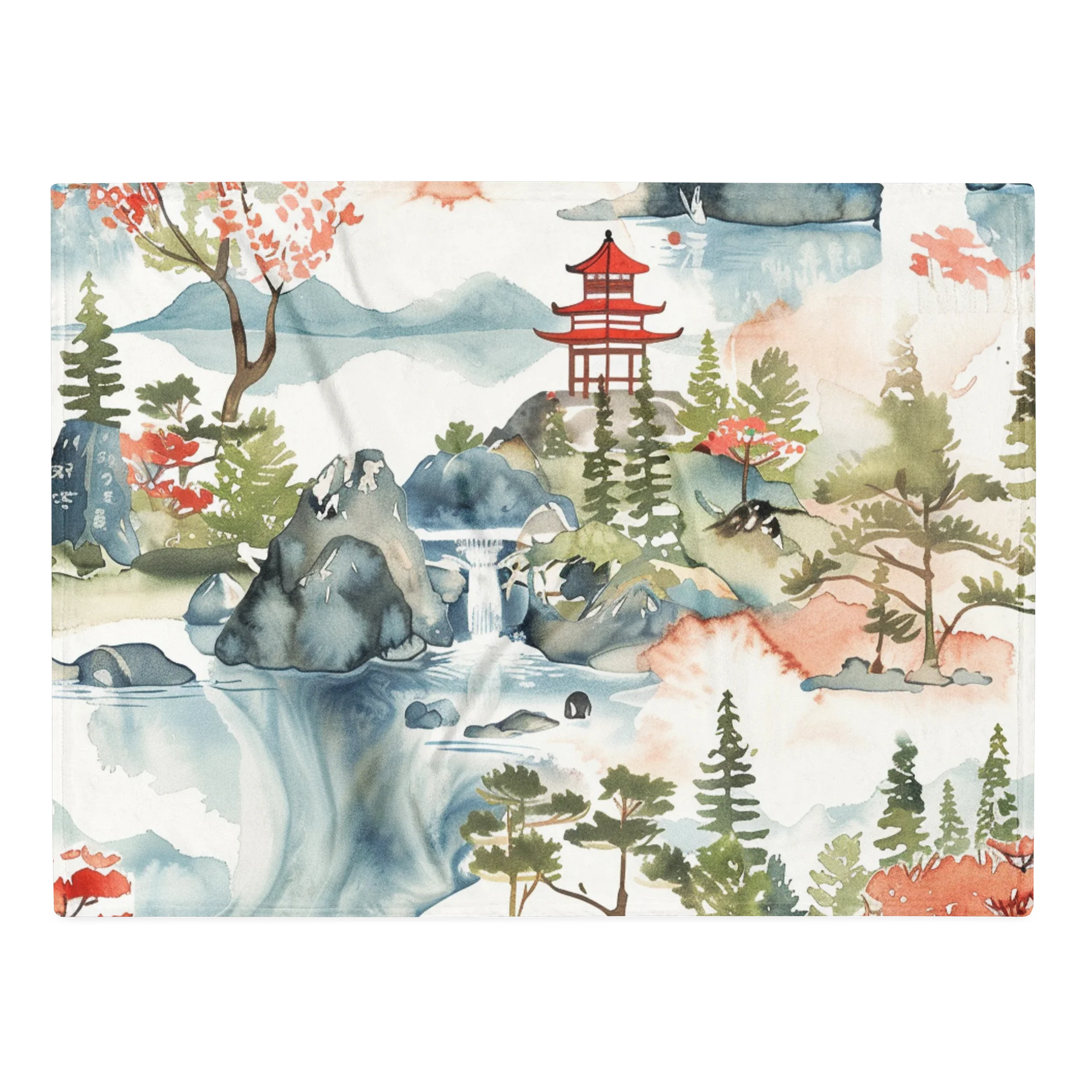 Japanese Pagoda Watercolor Throw Blanket - Zen Landscape Art Fleece product image (1)