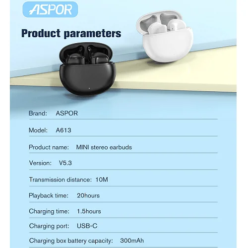 Aspor A613 BT5.3 Wireless TWS Earbuds - Stereo Sound with USB-C Charging Case product image (5)