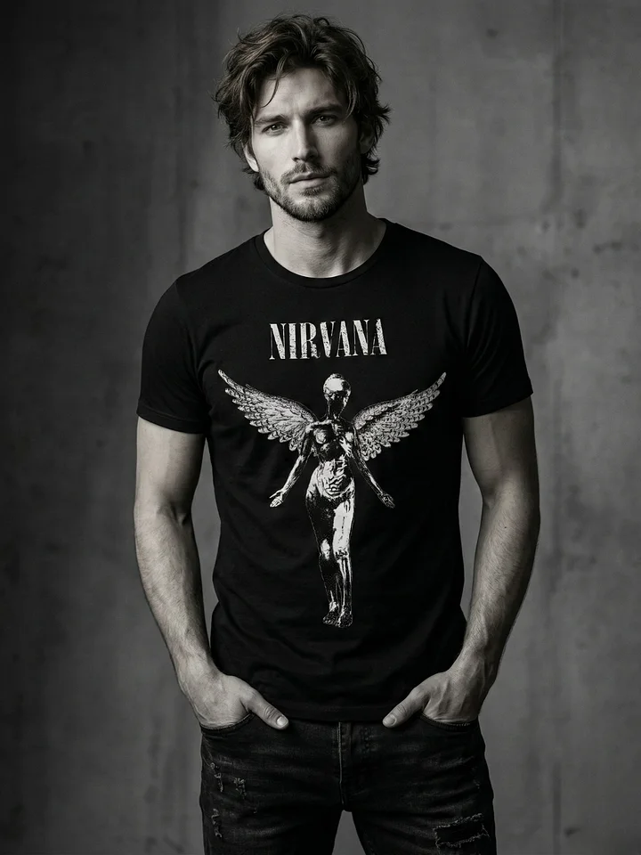Nirvana In Utero Angel T-Shirt | Winged Figure Monochrome Graphic Tee | Kurt Cobain 90s Grunge Collector Band Shirt product image (1)
