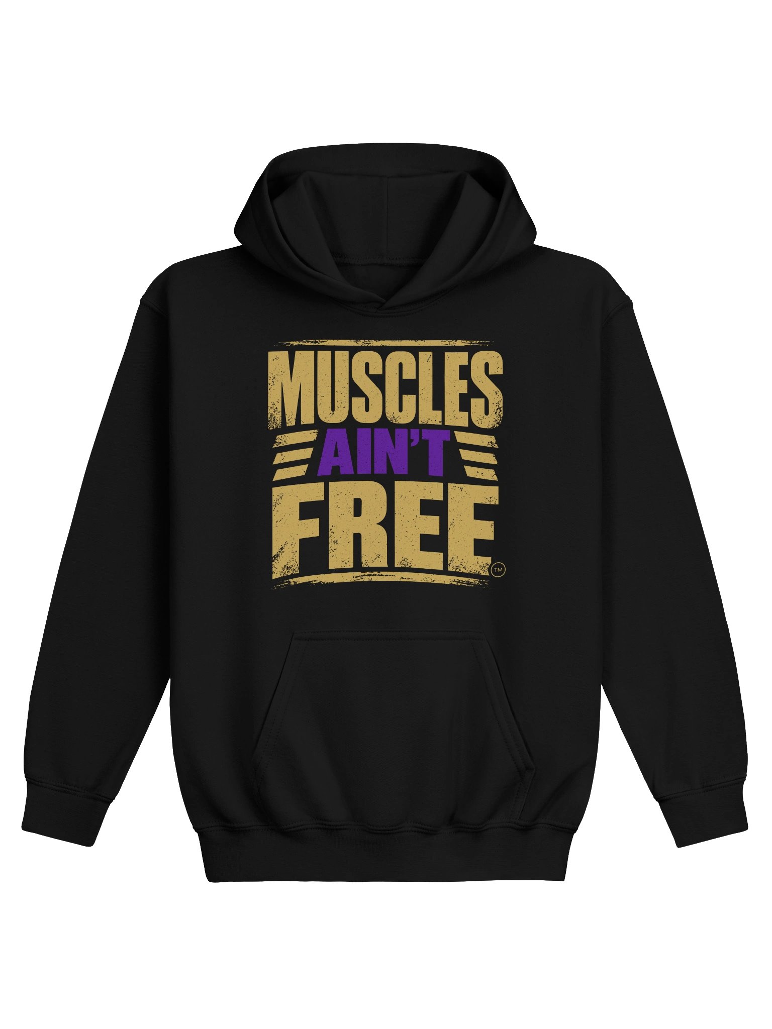 The "Muscles Ain't Free" Youth Royal Gold & Purple Midweight Hoodie product image (1)