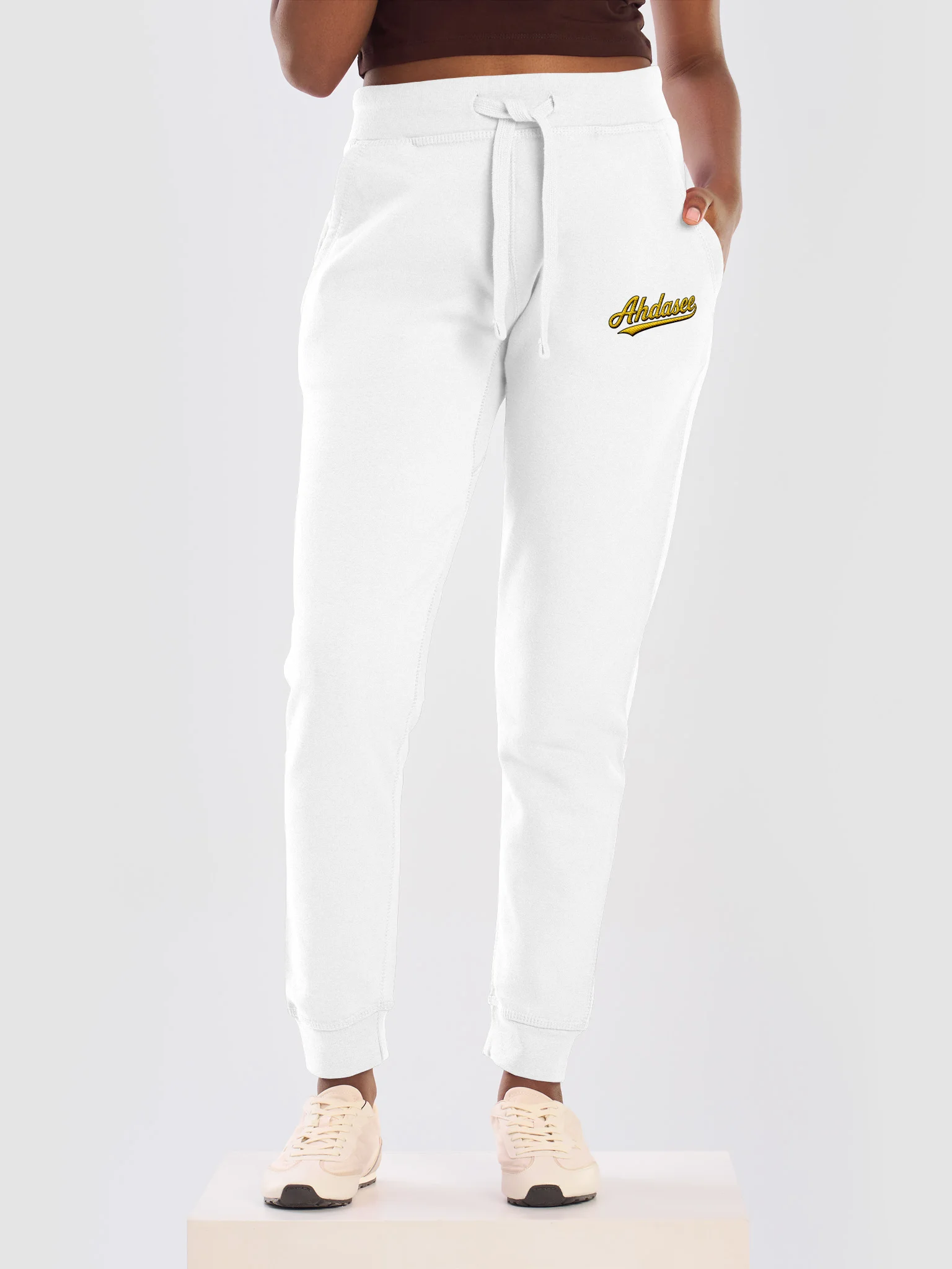 Ahdasee Signature Embroidered Joggers – White (Gold/Black) product image (3)