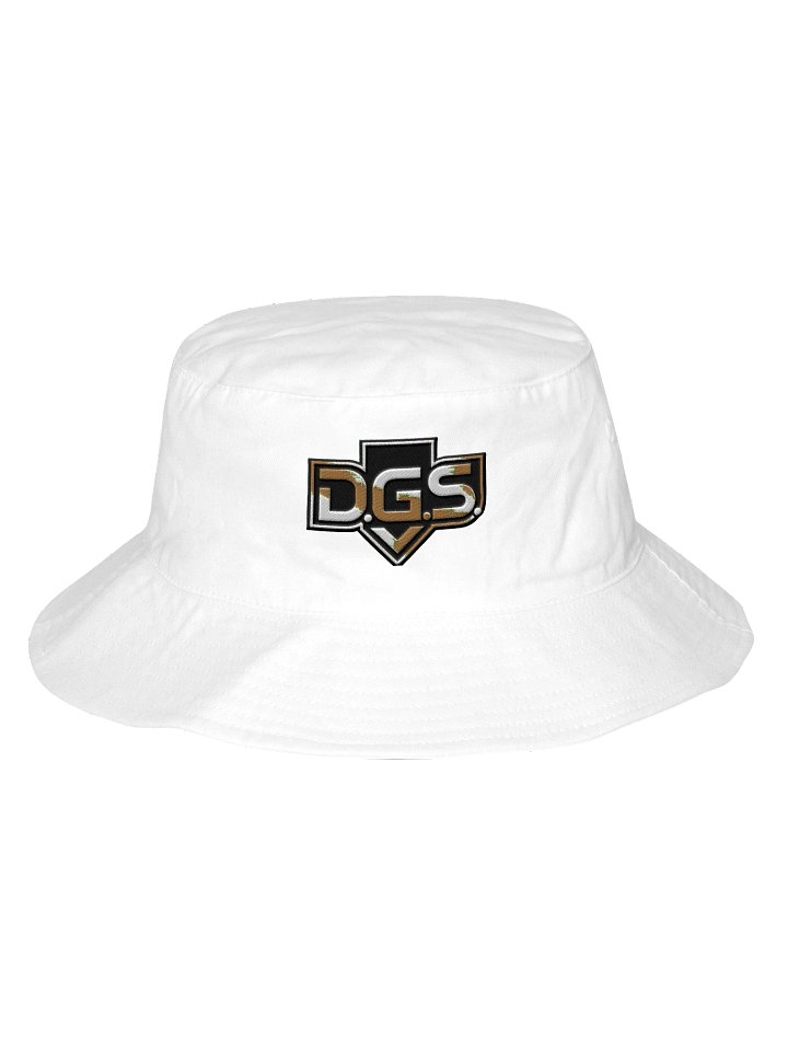 D.G.S. LOGO BRANDED FLEXFIT BUCKET HAT IN WHITE WITH BLACK & GOLD LETTERING product image (1)