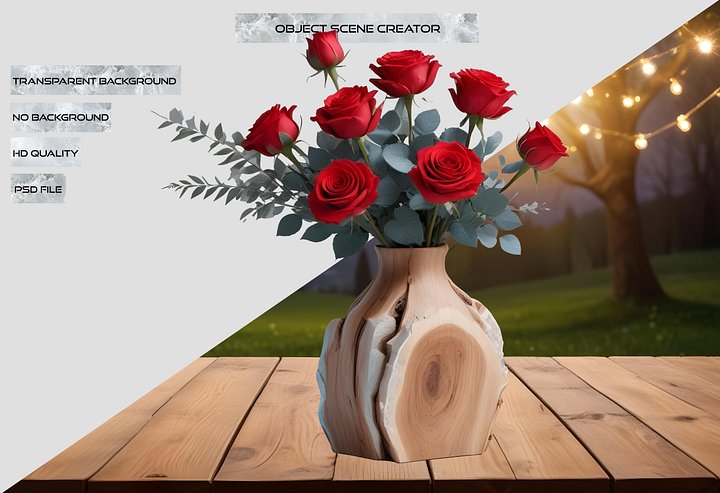 Natural Wooden Slice Vase with Red Roses PNG product image (2)