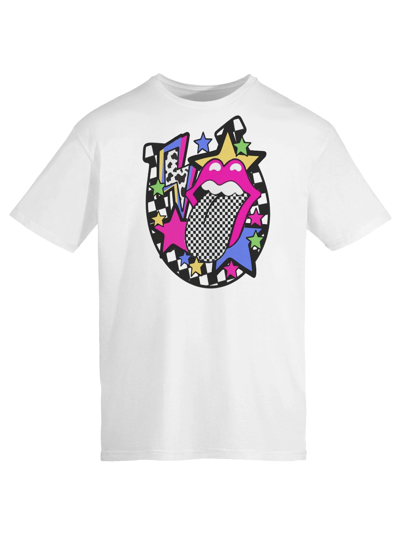 Retro Pop Art Checkered Tongue Neon Western Graphic Tee - Vibrant Y2K Style T-Shirt product image (7)