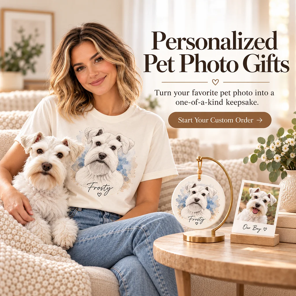 Personalized pet photo gifts featuring a custom dog portrait T-shirt and ornament