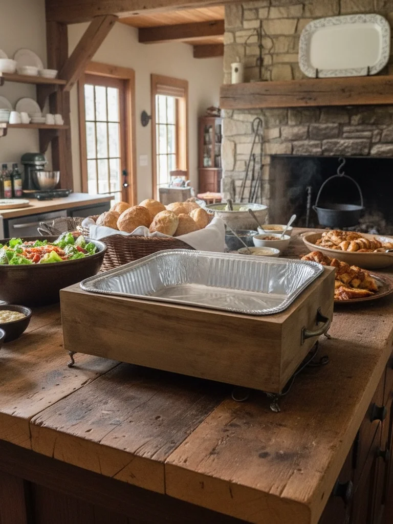Handmade Wooden Buffet Server | Half-Size Steam Table Pan Holder with Antique Brass Handles & Decorative Feet | Rustic Serving Tray product image (2)