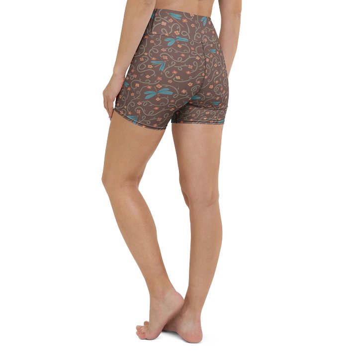 Print yoga shorts with dragonflies and floral pattern. Artistic activewear product image (1)