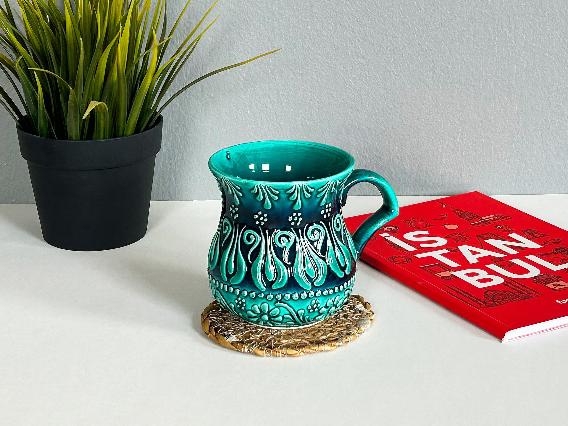 Ceramic milk/ayran cup, turquoise/green/emerald mug — handmade pottery, handmade ceramic, home decor, handmade gift, Turkish ceramic product image (5)