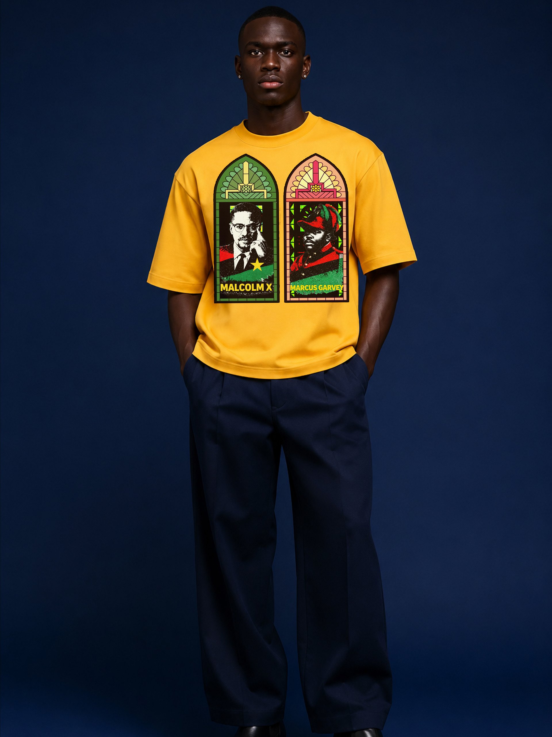 Malcolm X & Marcus Garvey Stained Glass Tee – Pan-African Cathedral Art | Black History Civil Rights T-Shirt product image (3)