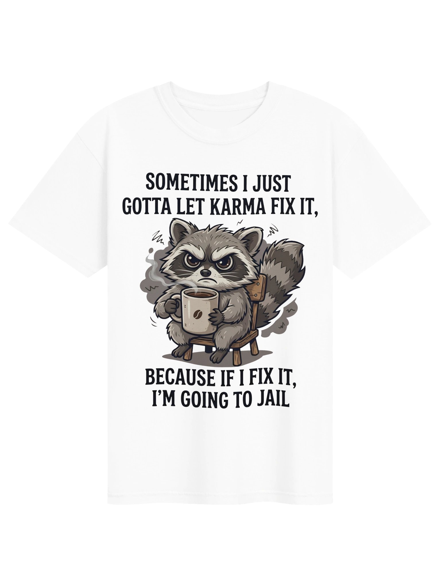 Funny Raccoon Coffee T-Shirt, Let Karma Fix It Sarcastic Tee, Cute Grumpy Raccoon Graphic Shirt, Humorous Unisex Oversized T-Shirt, Daily Humor Gift product image (1)