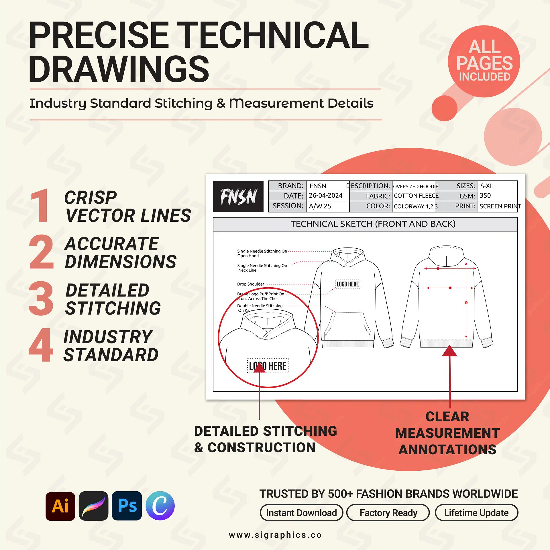Unisex Oversized Hoodie Tech Pack Template product image (5)