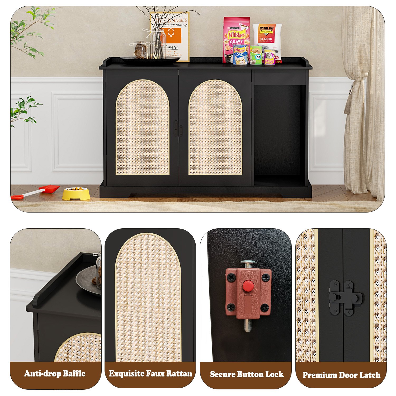 Black Hidden Cat Litter Box Furniture Indoor Wooden Cat Litter Box Enclosure with Double Movable Doors and Divider for Living Room Washroom product image (5)