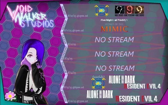 Hi all! I’m back to (at least try) streaming consistently, Here’s my schedule for this week, August 10th to the 16th! I’ll also be starting to get out some clips of previous streams in the off time! All streams done over on Twitch!  #envtuber #vtuber #vtuberuprising #vtuberen