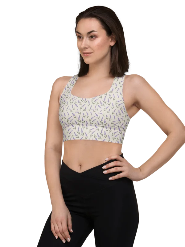 All-Over print recycled longline sports bra with lavender pattern on beige background product image (1)