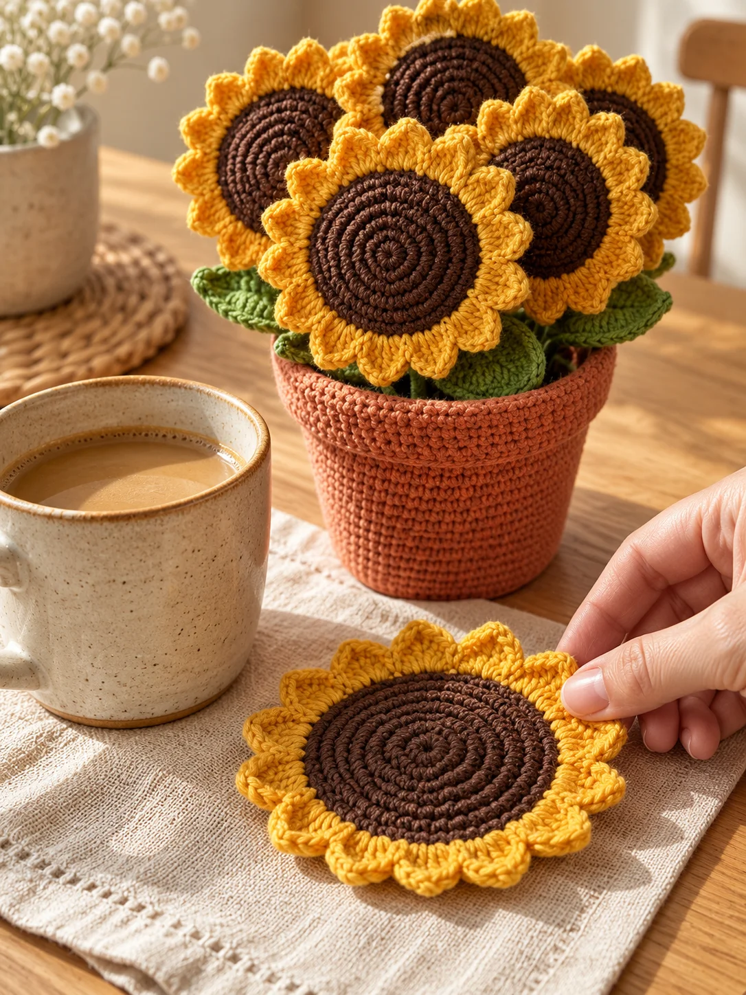 Sunflower Bouquet Coaster Set & Pot Crochet Pattern PDF – 2-in-1 Table Decor product image (4)