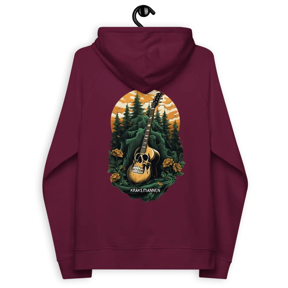 Unisex Eco Raglan Hoodie 🌲 Dark green spruce forest with a skull-shaped guitar product image (5)