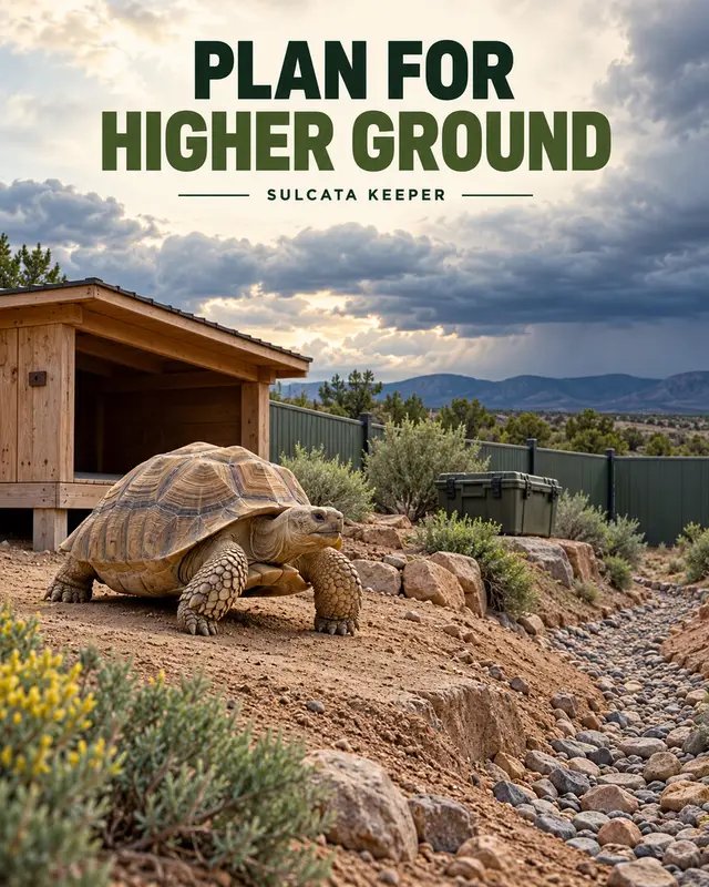 Flash-flood planning belongs in the enclosure plan, not after water starts rising. Identify where runoff enters and leaves the property. Keep drainage routes clear, note low spots, and decide in advance how a large tortoise could be moved safely to secure higher shelter without waiting for access roads to flood. Store transport instructions and emergency contacts where a caregiver can find them. During flooding, follow local authorities and never walk or drive through floodwater. Once conditions are declared safe, inspect erosion and shifted barriers, and replace feed or water exposed to floodwater. Source: National Weather Service flood safety guidance: https://www.weather.gov/safety/flood-during https://www.sulcatakeeper.com #SulcataKeeper #FloodPreparedness #TortoiseCare