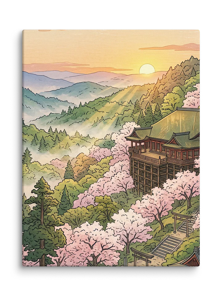 Serene Misty Cherry Blossom Temple Canvas - Zen Minimalist Wall Art product image (1)