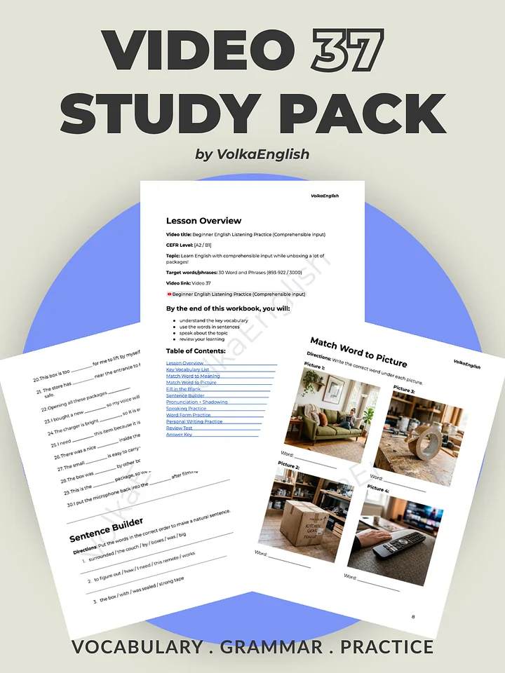 Beginner English Listening Practice (Comprehensible input) - Video 37 Study Pack product image (1)