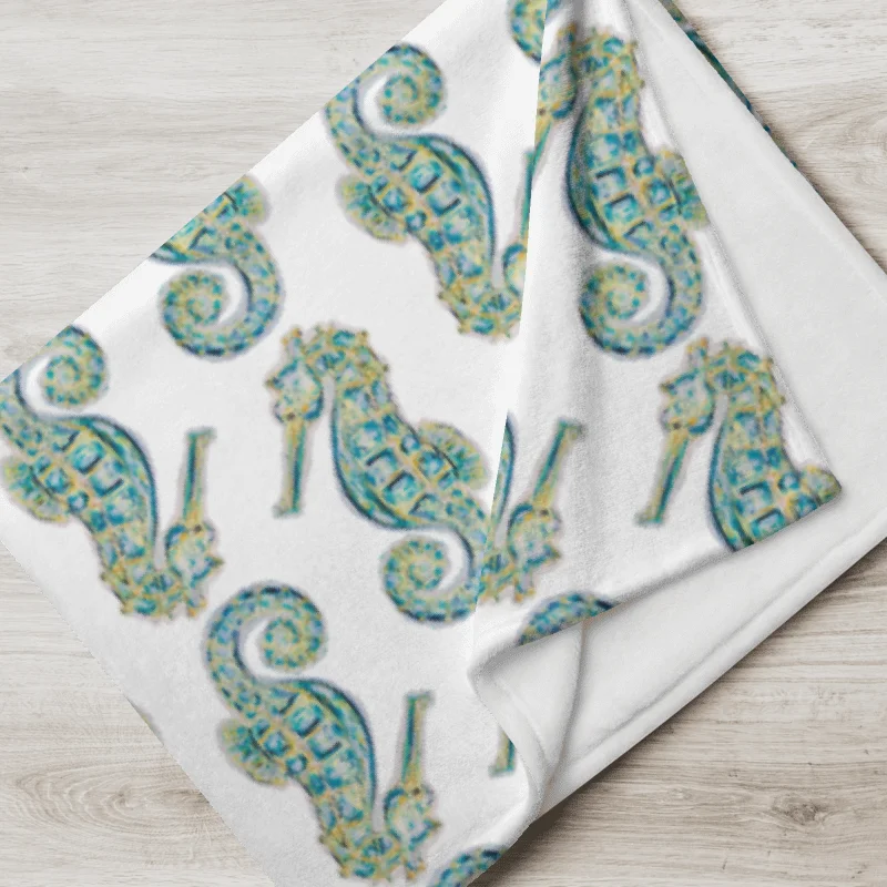 Painted Seahorses on White | Cozy Coastal Throw Blanket | by Monique Faella Designs™ product image (7)
