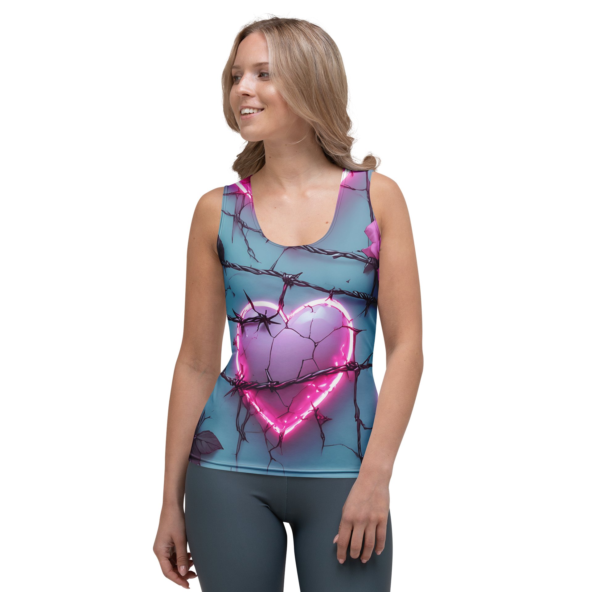 Neon Barbed Heart Skull Tank Top - Glow Pink Shattered Heart All-Over Print Women's Fitted Tank product image (1)