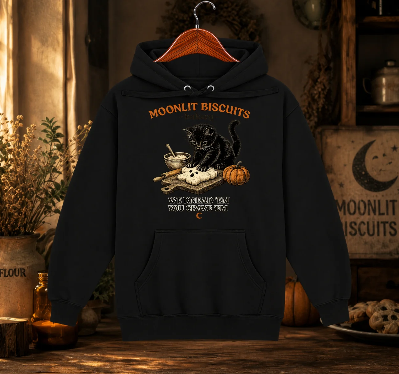 Moonlit Biscuits Black Cat Bakery Graphic Hoodie | Spooky Autumn Cat Sweatshirt product image (1)