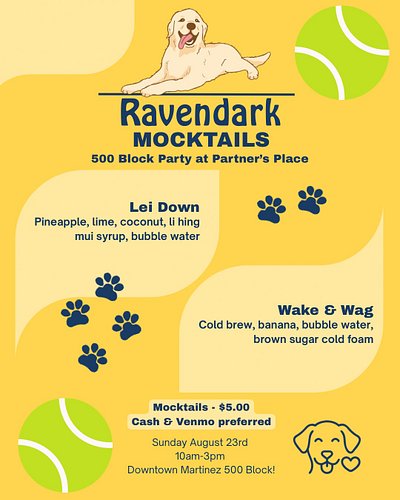Mocktails on Main this Sunday!

I’ll be popping up at Partner’s Place in downtown Martinez for the 500 Block Party this Sunda...