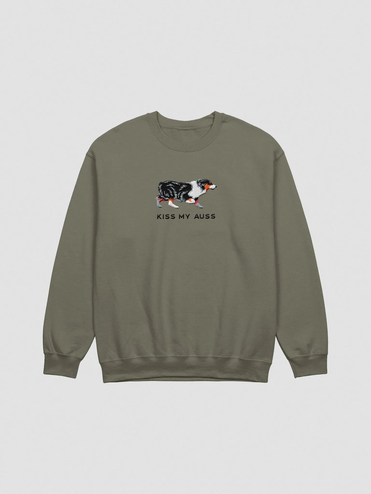Kiss My Auss Sweatshirt (Embroidered) of an Australian Shepherd(Tricolor) product image (4)