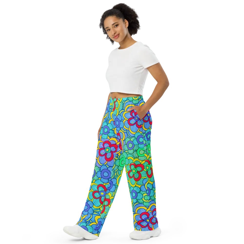 Green Retro Flowers Wideleg Pants product image (4)