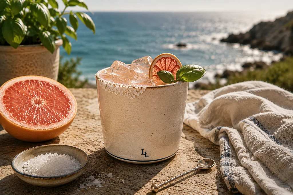 Close-up of a grapefruit cocktail over ice in a ceramic LL Social Co. cup, garnished with fresh grapefruit and basil beside the ocean.