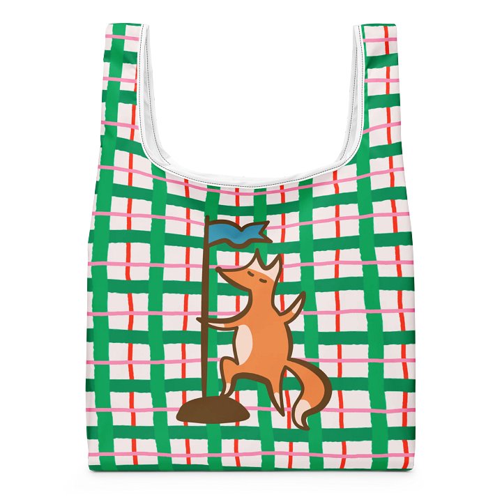 Whimsical Fox Tote Green Plaid Reusable Market Bag product image (1)
