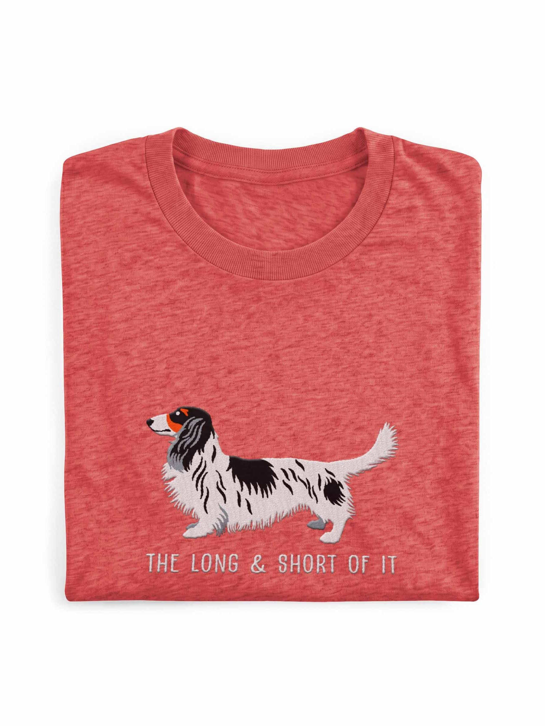 The Long & Short of It T-Shirt(Embroidered) of a Longhaired Dachshund(Pied Black & White) product image (1)