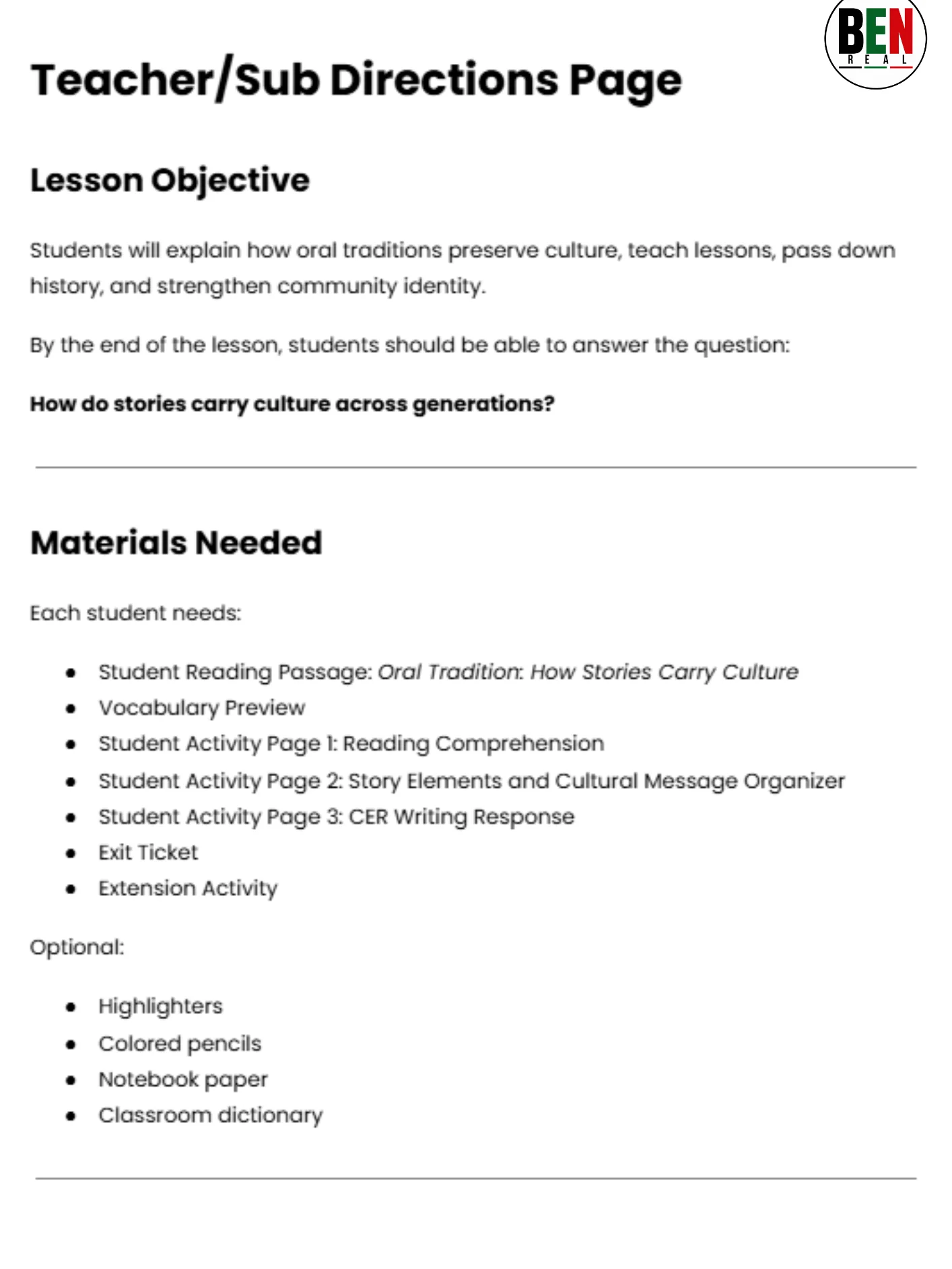 Black History 365 Sub Plan: Oral Tradition: How Stories Carry Culture | Middle School Language Arts| 60-Minute Lesson product image (4)