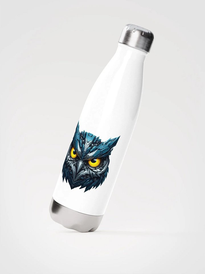 White Stainless Steel Water Bottle with Blue Iron Owl Robot Design product image (2)