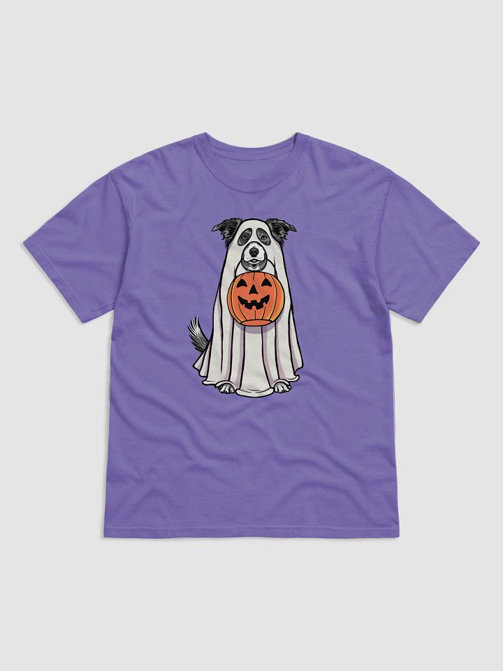 Funny Halloween Border Collie(Blue Merle) T-Shirt | Funny Border Collie Wearing a Ghost Costume and Holding a Pumpkin Basket product image (1)
