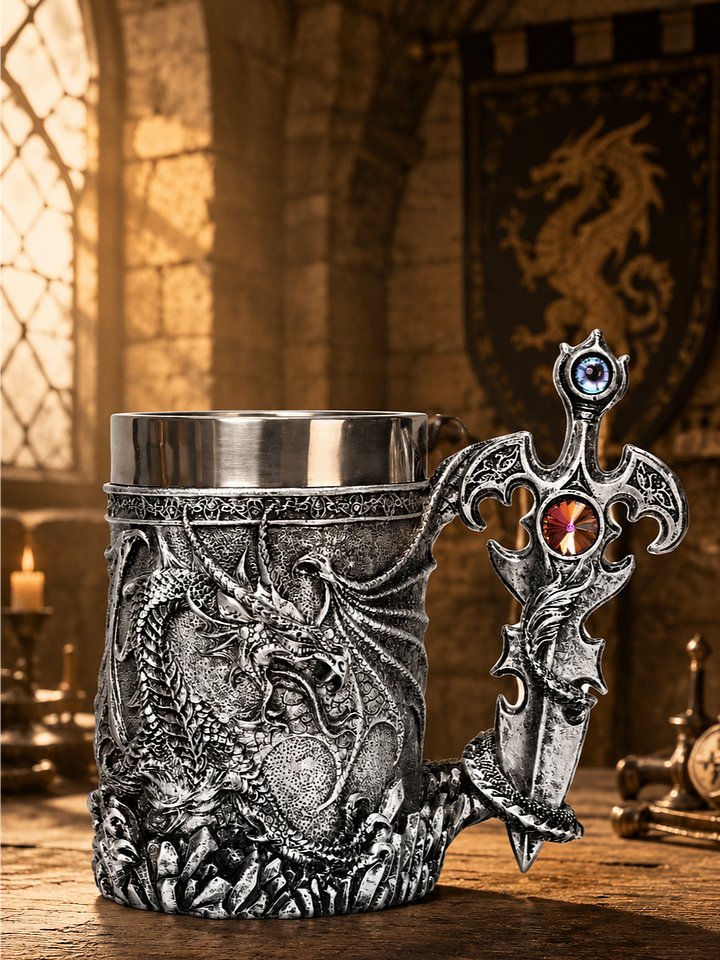 The Armored Kingdom Silver Sentinel Dragon Mug-Fantasy-Gothic-Regal-Stainless Steel product image (1)