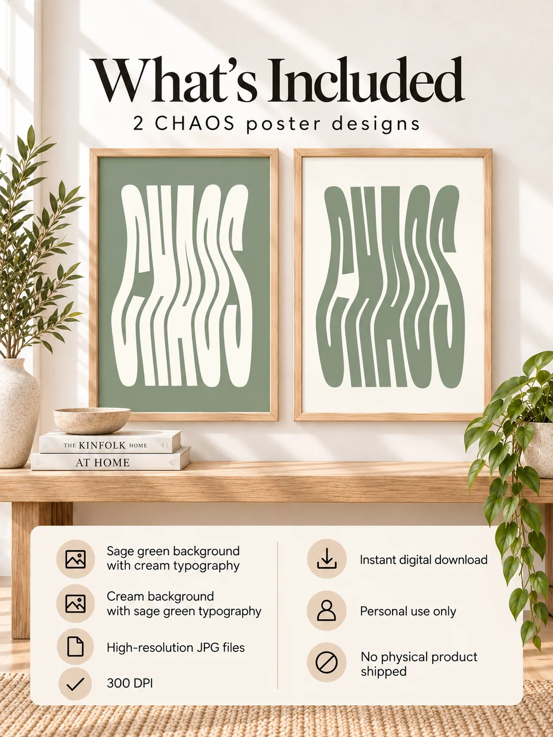 CHAOS Wavy Typography Print, Sage Green Retro Poster, Groovy 70s Wall Art, Psychedelic Minimalist Digital Download, Dorm Decor product image (2)